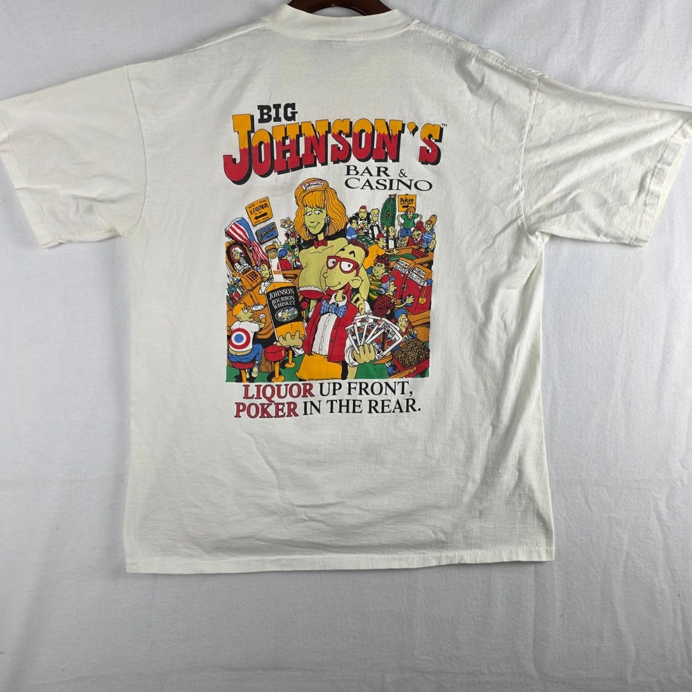Vintage 90s Big Johnson Bar Casino Graphic Novelty T Shirt White XL
